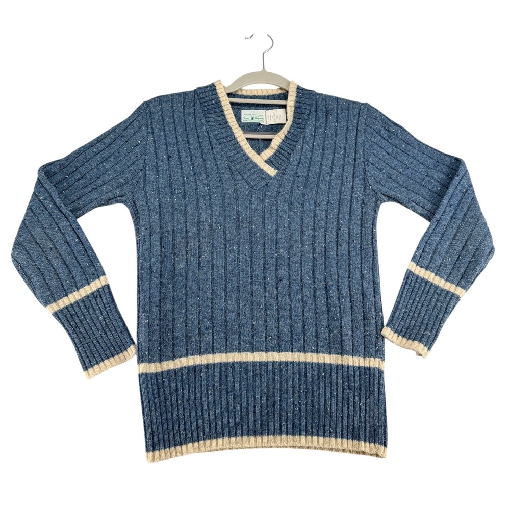 Sears JR Bazaar V-Neck Ribbed Knit Sweater Women Large Blue 70's Preppy Vintage